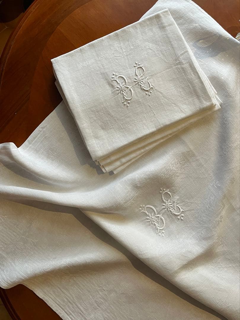 ◆フランスアンティーク｜イニシャル刺繍トーションセット、ダマスク織り白ナプキン