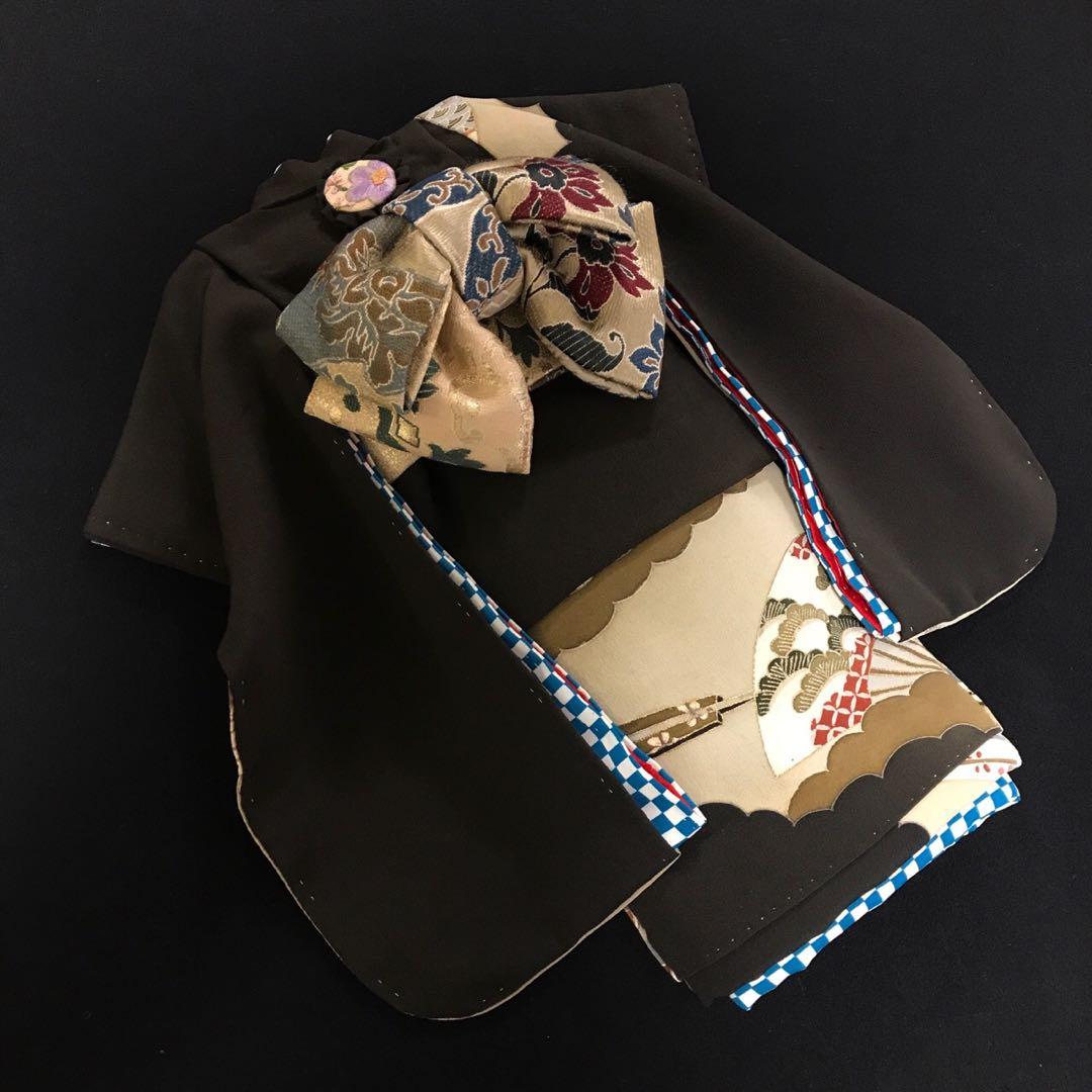 ＊ 市松人形 12号 アンティーク 黒留袖 着物 帯 ＊ 留袖 大正