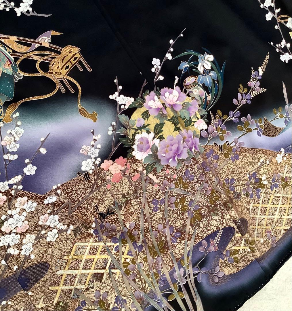 正絹黒留袖　駒刺繍　金彩　平安風景文　⑧( 訪問着、紬、袋帯なども出品)