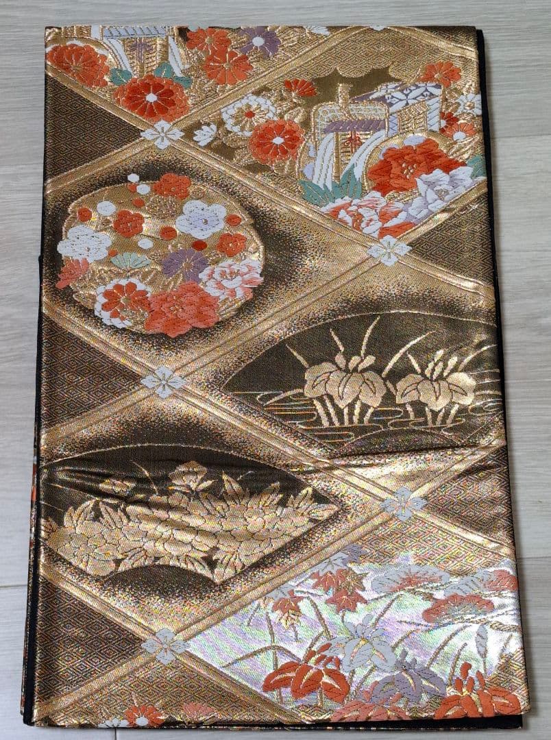 振り袖・帯２点セット　正絹 古典柄 綸子地　 舞華袋帯御所車　草花金糸刺