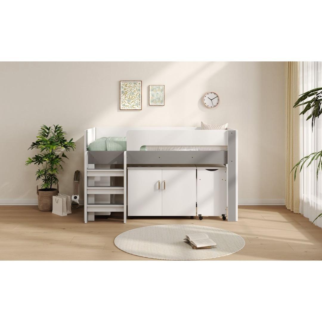 システムベッド ロフトベッド 階段付き 木製 本棚 机付き 学習机 シングル