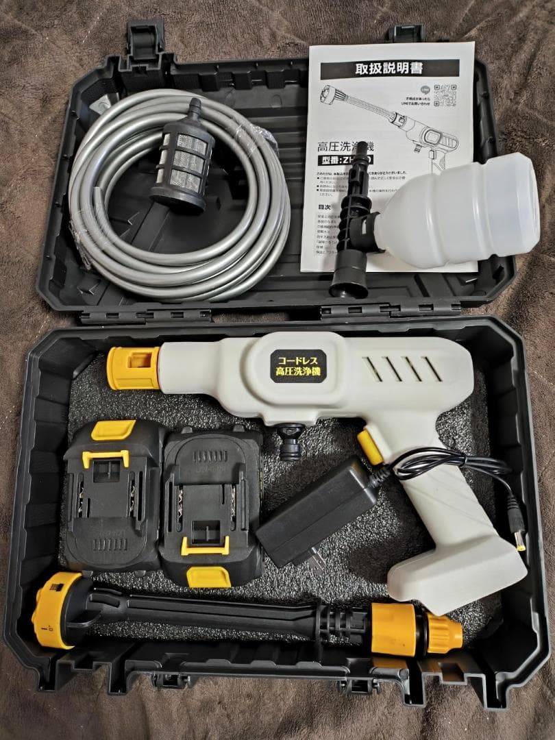 高圧洗浄機 コードレス 充電式 バッテリー2個付き フォームノズル付 収納ケース