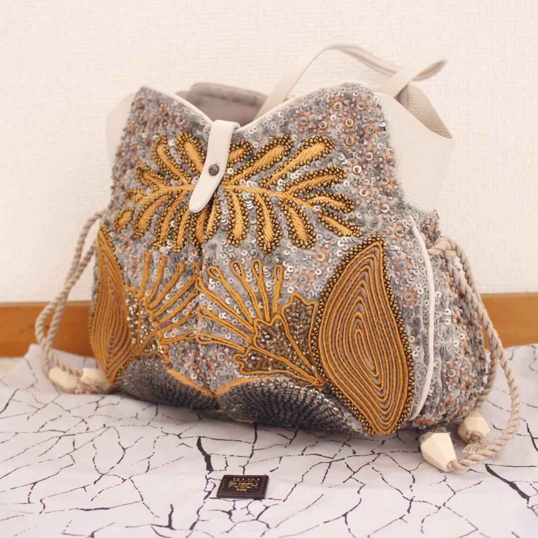 jelly様JAMIN PUECH ハンドバッグ スパンコール グレー ゴールド