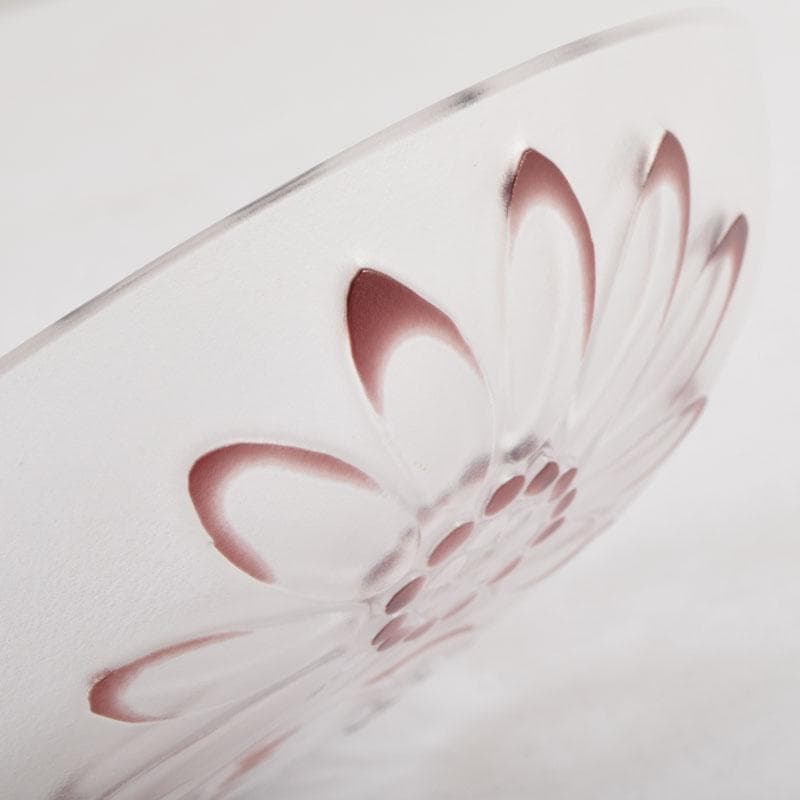 ガラス工芸　荒木良忠作　玻璃彫刻　銅赤花ノ輪文皿　共箱　C　9155