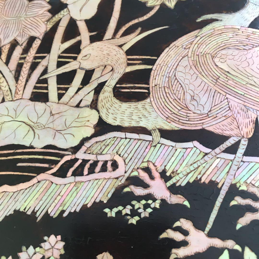 青貝瑞鳥花の図　木瓜形　香合盆　螺鈿細工　共箱