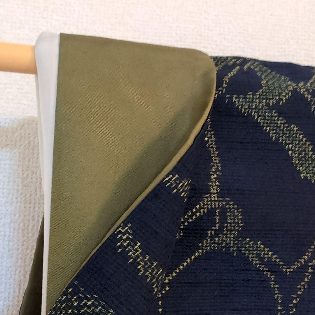 【三花】正絹　十日町紬　紺　薔薇　バラ　着物　リユース