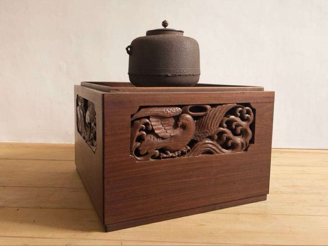 茶釜　置炉　火鉢　木彫　無垢　セット　骨董　時代もの　古道具　アンティーク