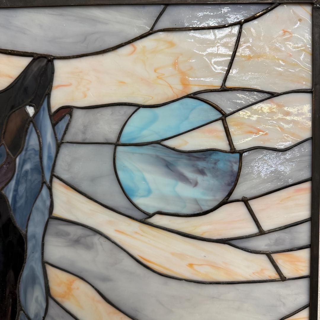 【幅61.5㎝】【希少】大型 ステンドグラス 狼と月 遠吠え 壁掛け パネル