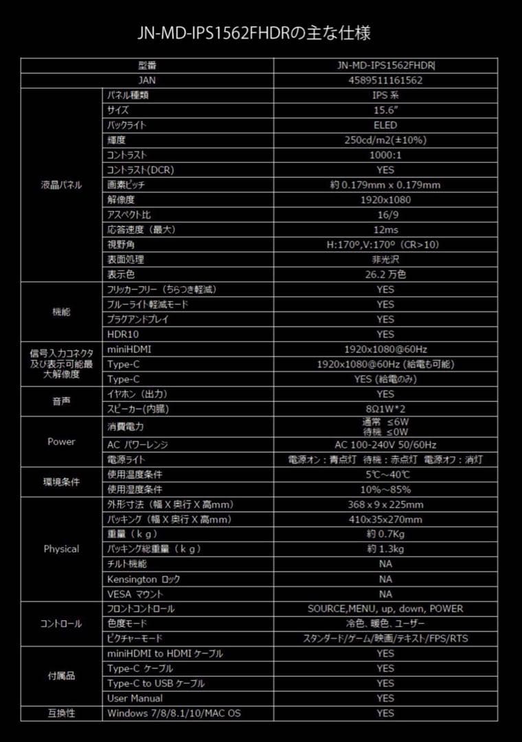 JAPANNEXT 15.6インチモバイルディスプレイ