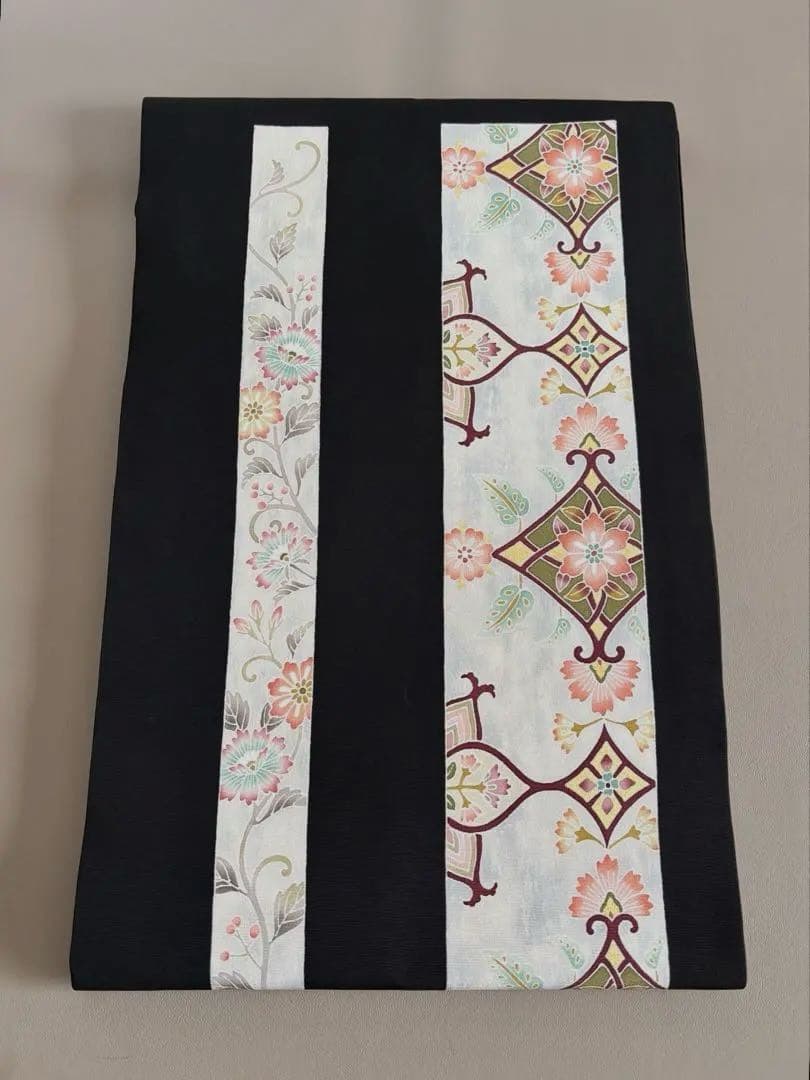 正絹 塩瀬 黒地 装飾華文 九寸名古屋帯 極美品