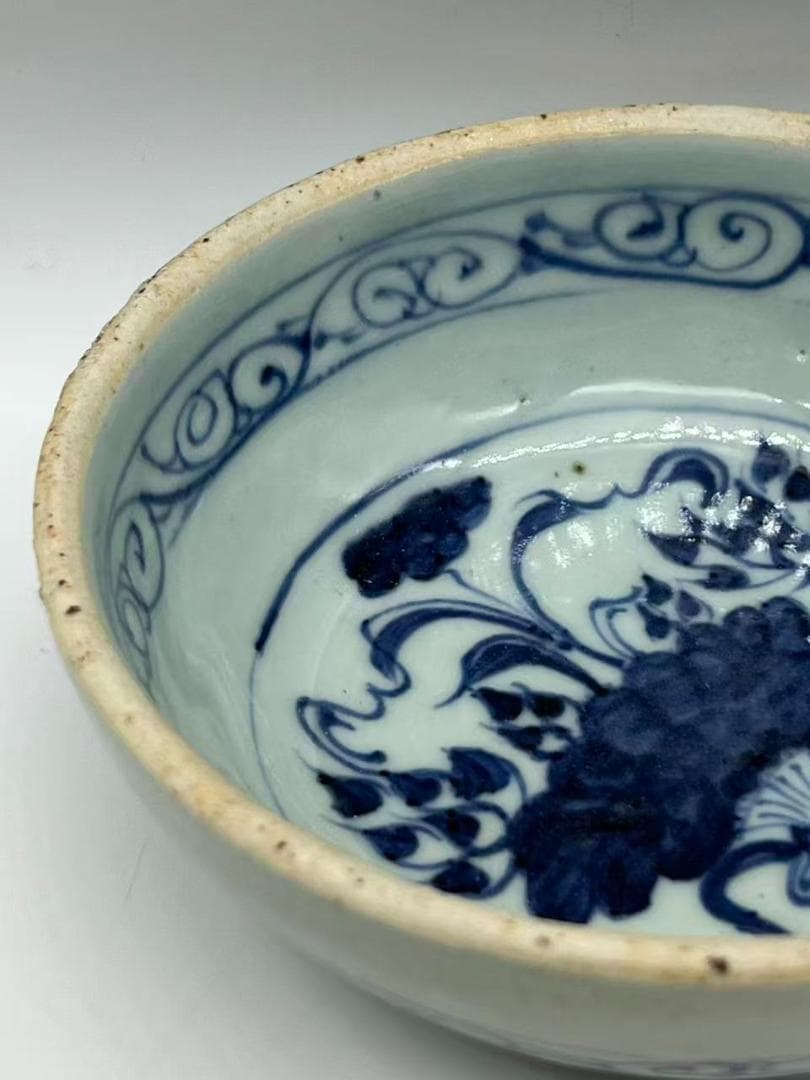 元時代　染付青花蓮池唐草文洗　輪花盤　古染付皿　唐物　古賞物(A-107)