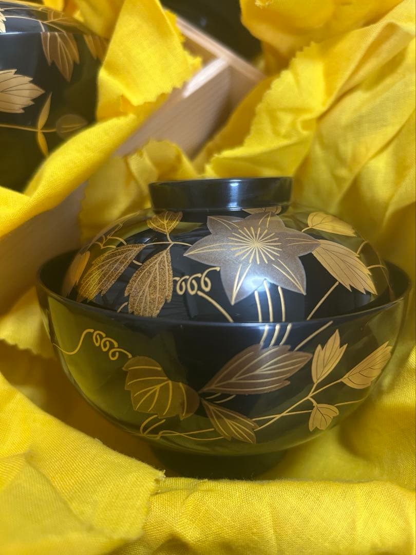 能登輪島塗 吸い物椀 鉄線 金彩蒔絵 前田定治郎　お椀 蓋付 汁椀　未使用希少品