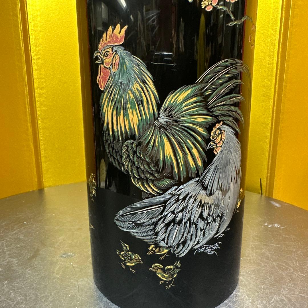彫漆 漆器 花瓶 花器 置物 鶏と花のデザイン