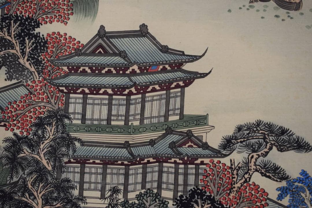 【複製】作者不詳/寒山寺風景画賛/工芸品/掛軸☆宝船☆Y-229　JM