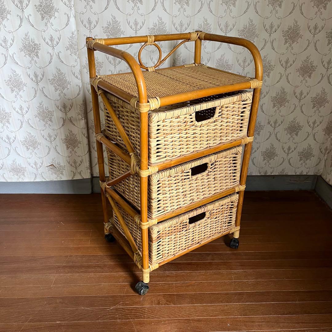 【アンティーク】籐 ラタン キャスター付き ランドリーラック 3段チェスト