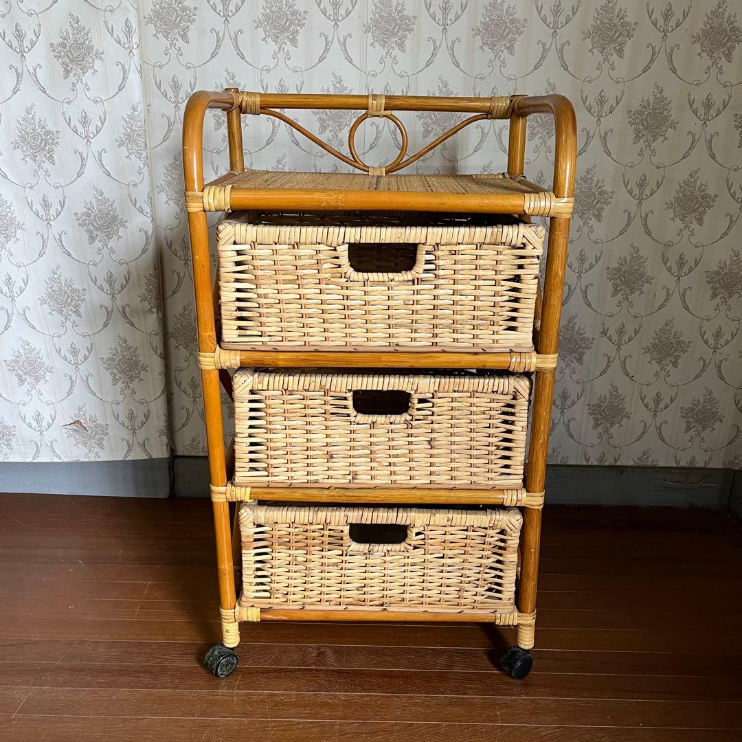 【アンティーク】籐 ラタン キャスター付き ランドリーラック 3段チェスト
