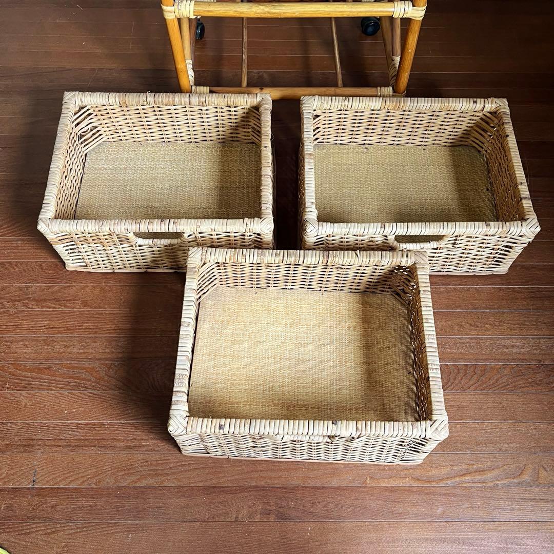 【アンティーク】籐 ラタン キャスター付き ランドリーラック 3段チェスト