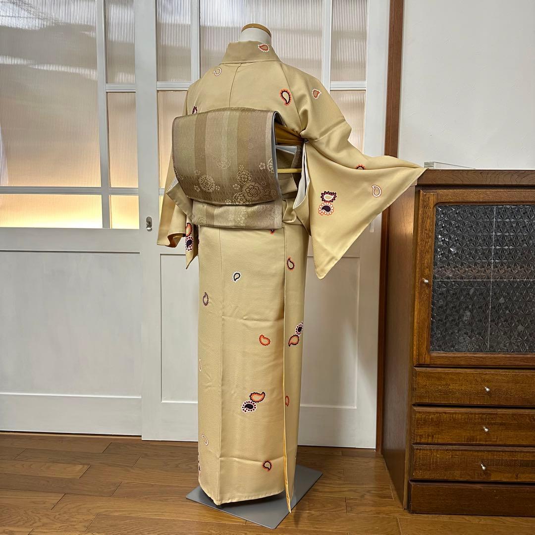 こ*ら様 希少サイズ　小紋　袷　正絹　黄粉色ペイズリー柄　身丈172裄71.5ト