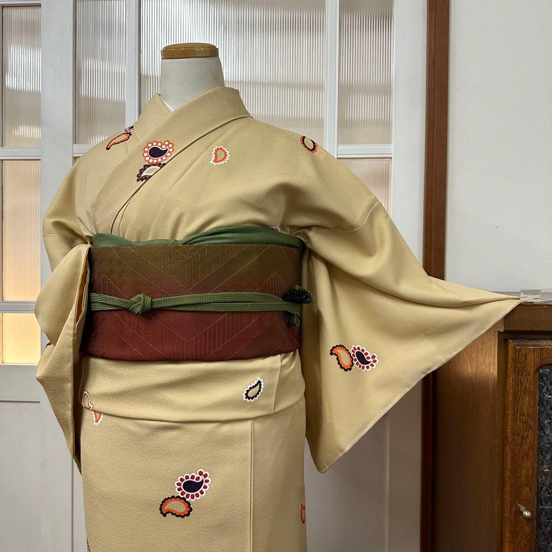 こ*ら様 希少サイズ　小紋　袷　正絹　黄粉色ペイズリー柄　身丈172裄71.5ト