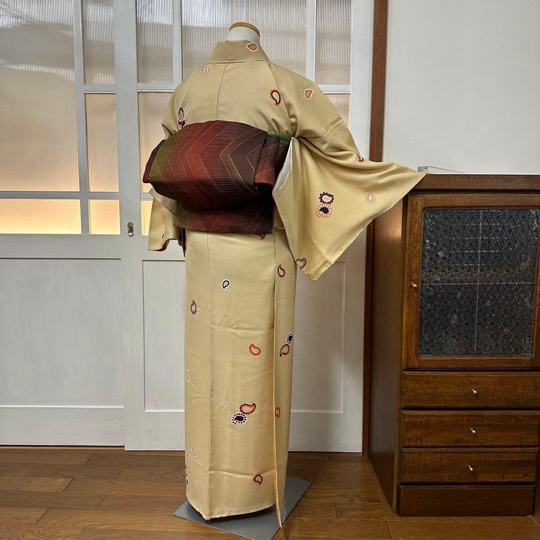 こ*ら様 希少サイズ　小紋　袷　正絹　黄粉色ペイズリー柄　身丈172裄71.5ト