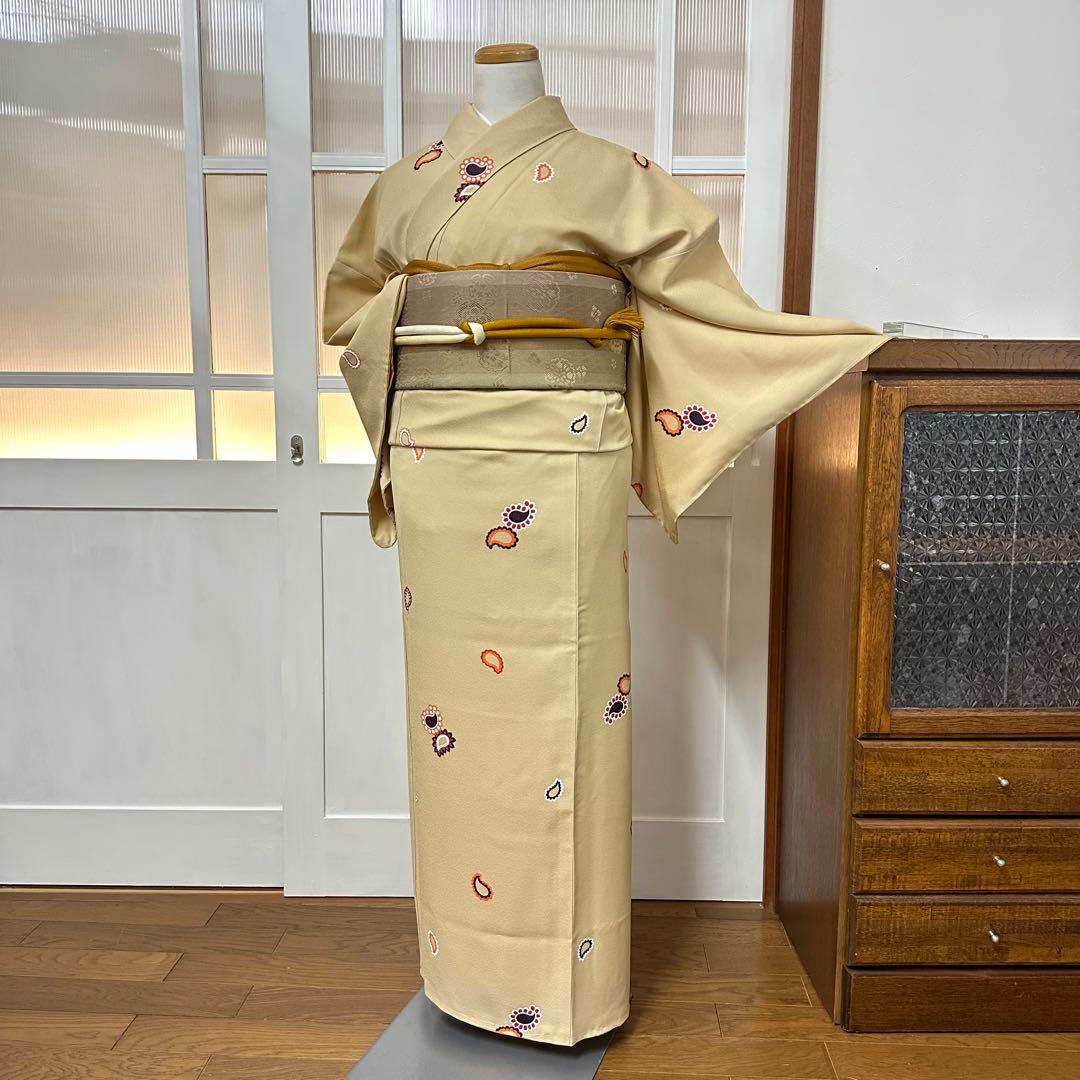 こ*ら様 希少サイズ　小紋　袷　正絹　黄粉色ペイズリー柄　身丈172裄71.5ト
