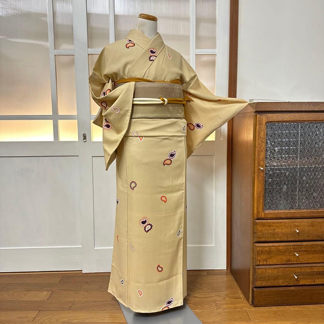 こ*ら様 希少サイズ　小紋　袷　正絹　黄粉色ペイズリー柄　身丈172裄71.5ト