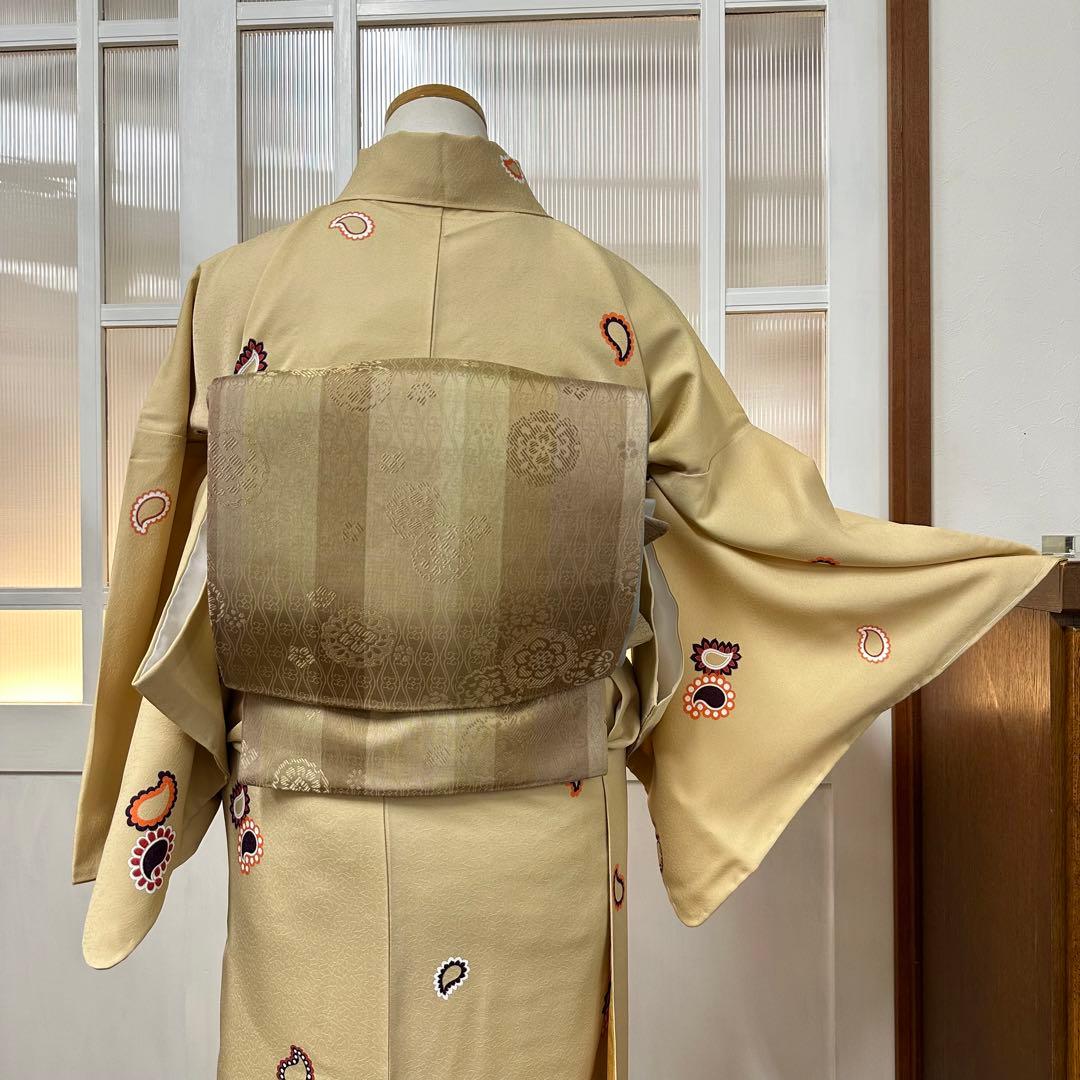 こ*ら様 希少サイズ　小紋　袷　正絹　黄粉色ペイズリー柄　身丈172裄71.5ト