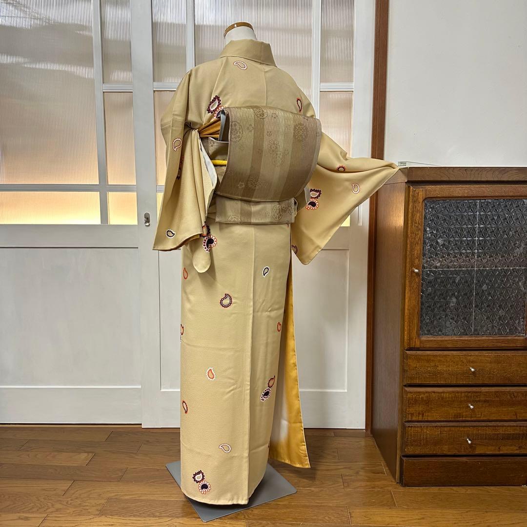 こ*ら様 希少サイズ　小紋　袷　正絹　黄粉色ペイズリー柄　身丈172裄71.5ト