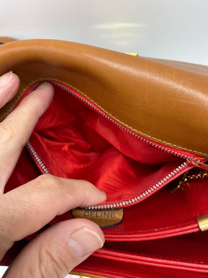 希少　オールドセリーヌ　ブラウン　キャメル　レザー　斜めがけ　ゴールド金具