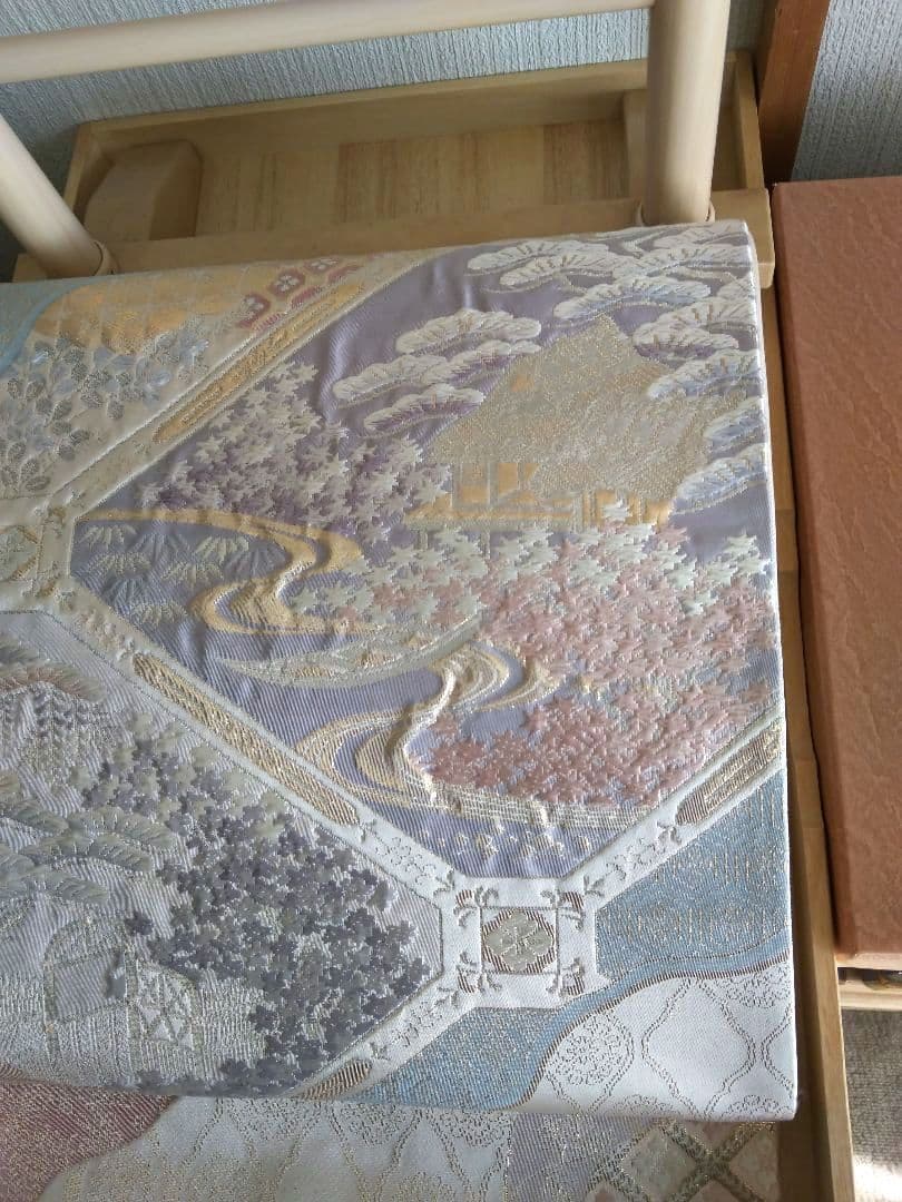 最終値下げ O-292 西陣袋帯 六通 唐織 膨れ織 建物 流水 正絹 美品