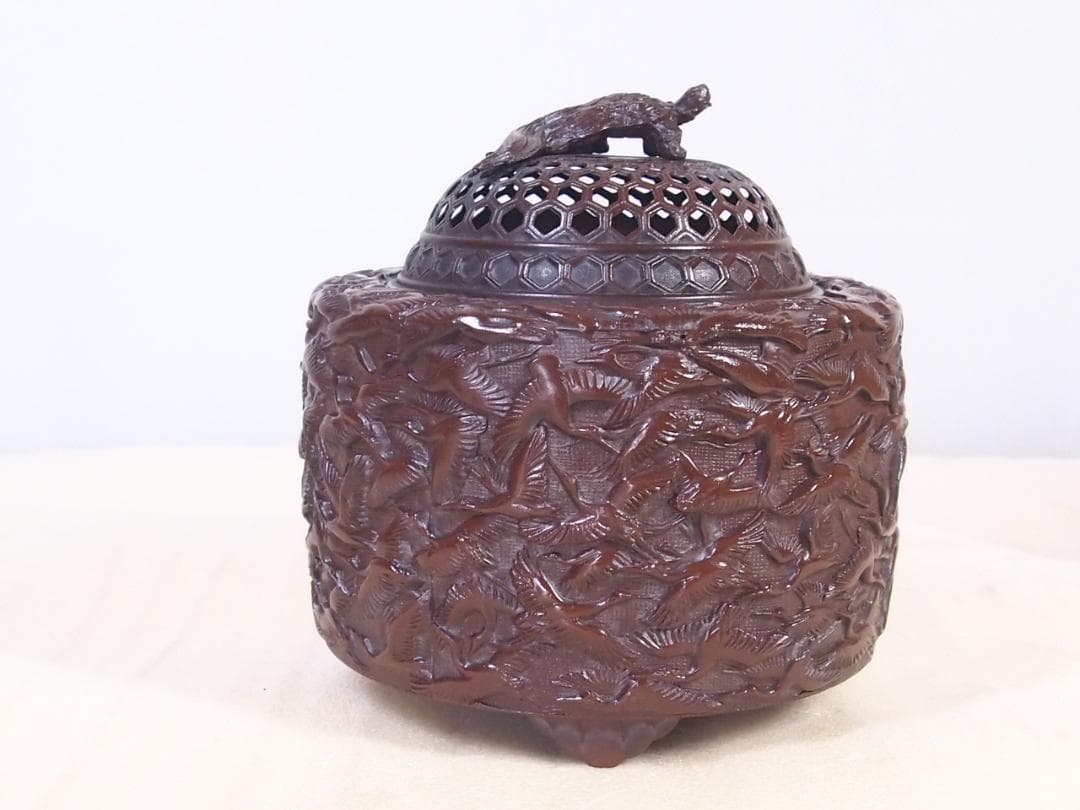【未使用】高岡銅器 佐野宏采 華鶴 紋様香炉 彫金/繊細/鶴亀 茶道具/香道具
