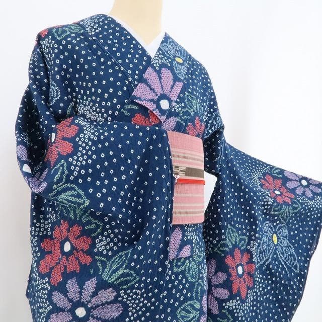 新品 有松鳴海絞り 蝶 夏着物 仕付け糸付 トールサイズ 高級浴衣 4078