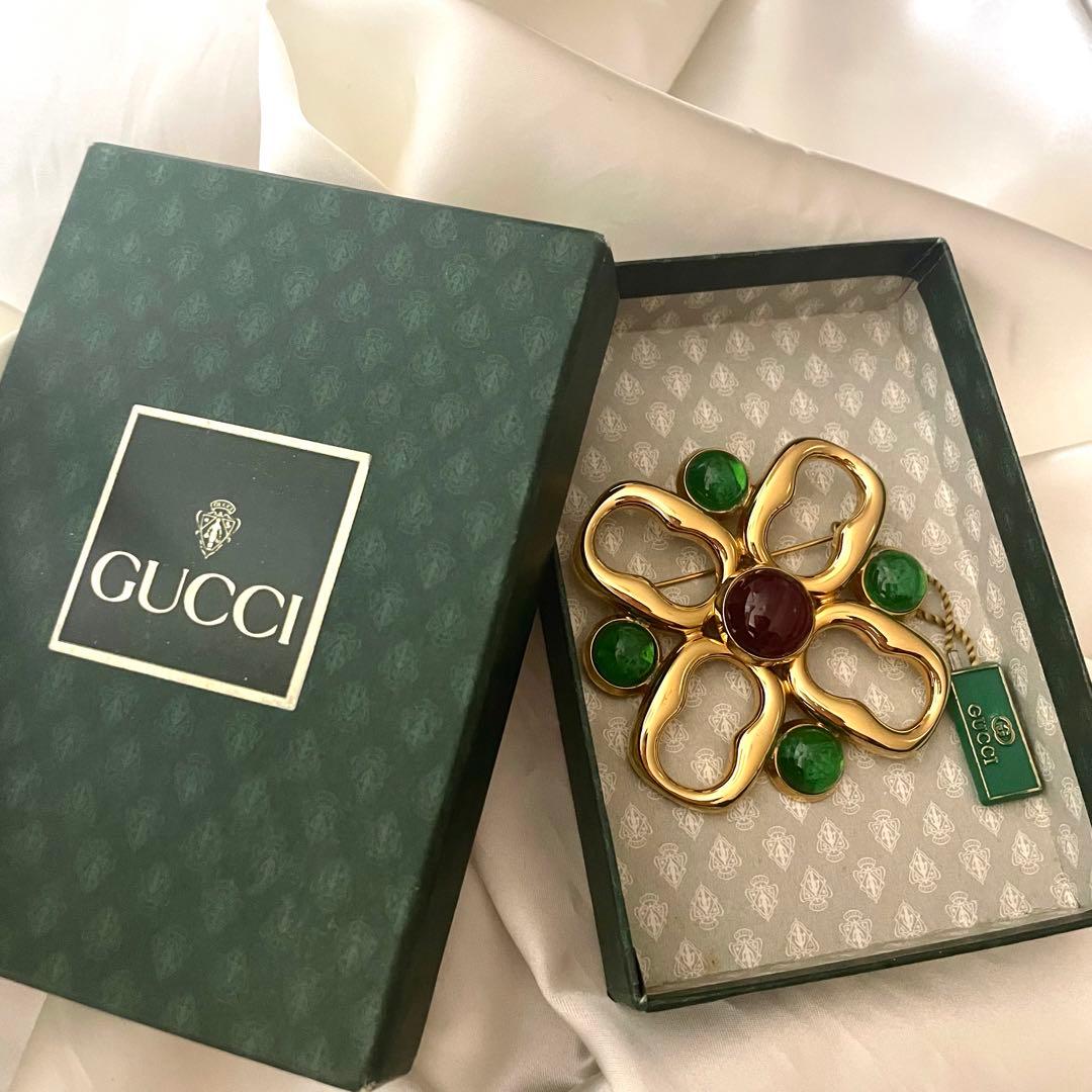 希少　GUCCI グッチ　ブローチ　大ぶり　カラーストーン　ゴールド　美品