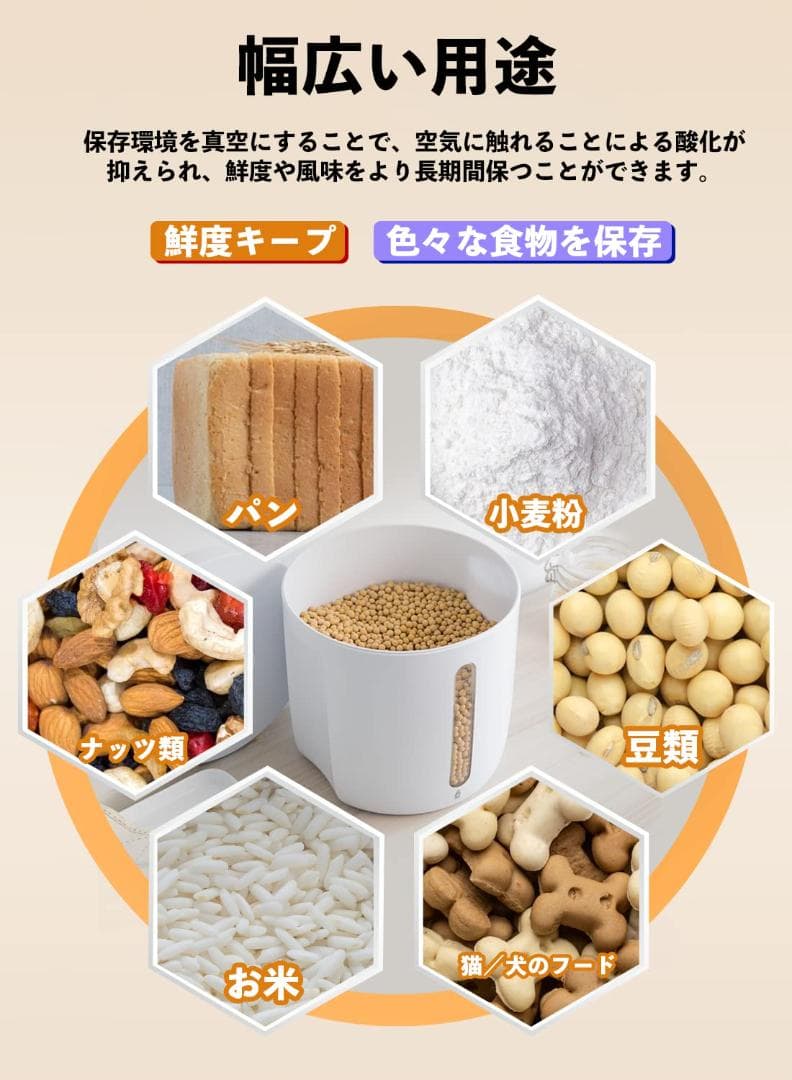 自動真空保存容器 7L(5kg) - 充電式、長持ち、静音デザイン