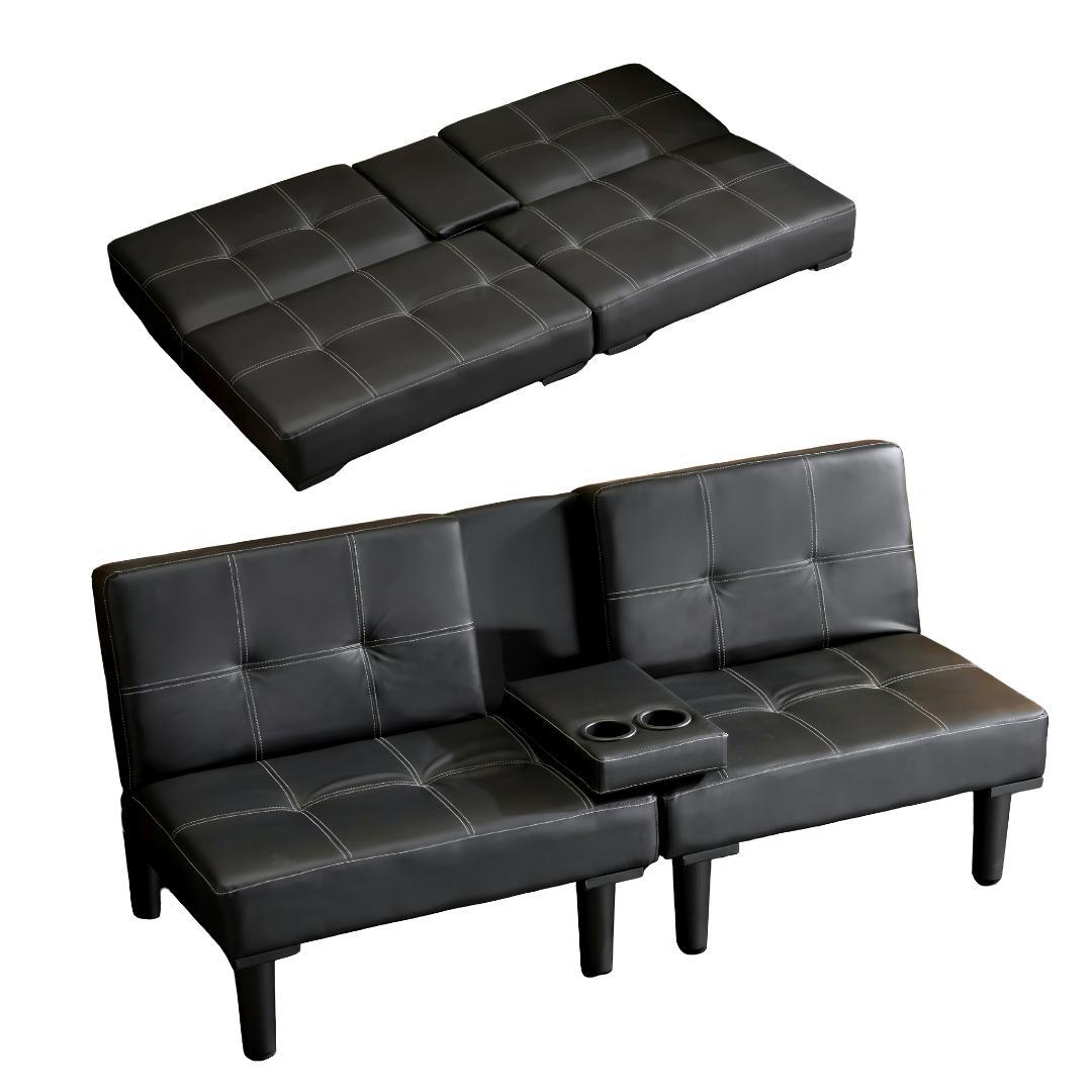 超人気！ソファベッド ソファ ベッド カップホルダー付き 組立て簡単 BLACK