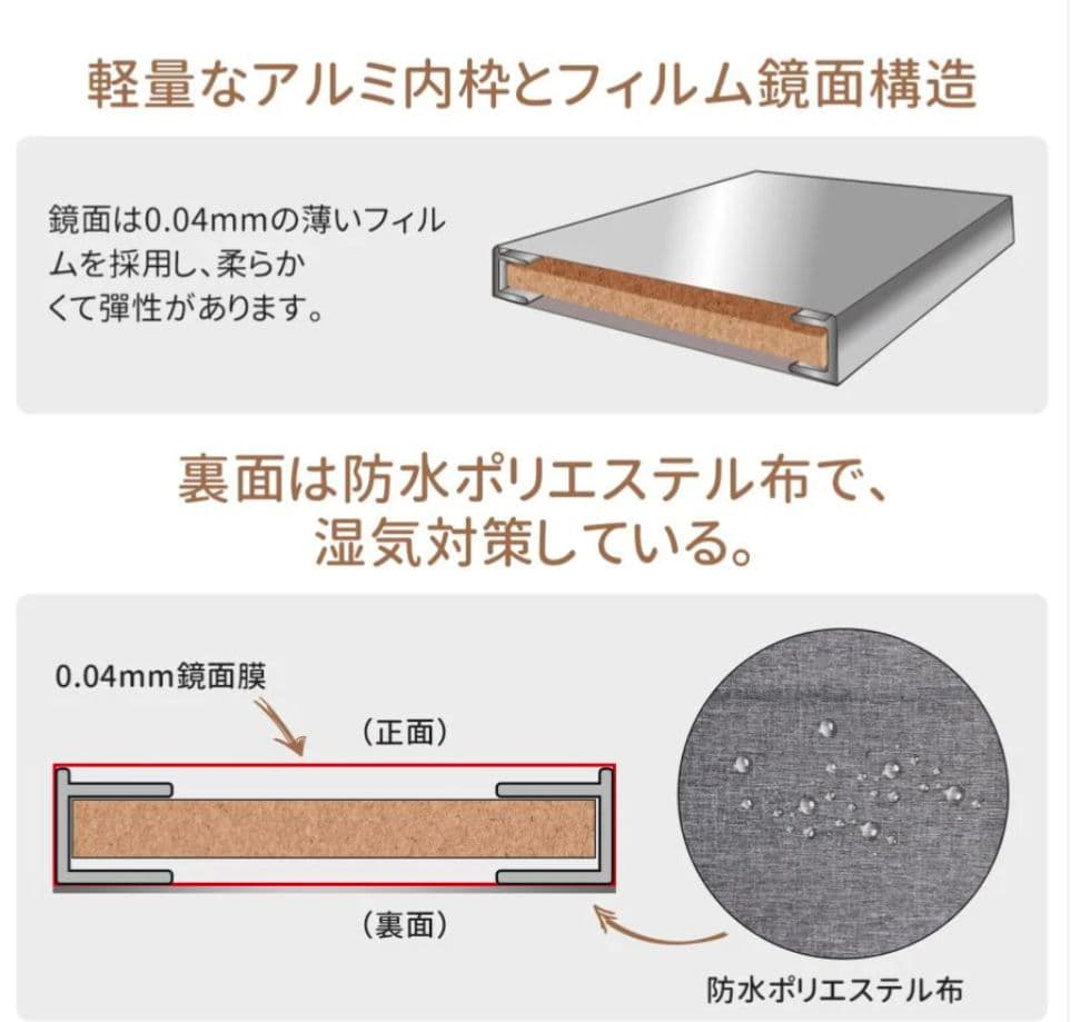割れない全身ミラー 80×160cm ナチュラルウッド 壁掛け＆立て掛け対応