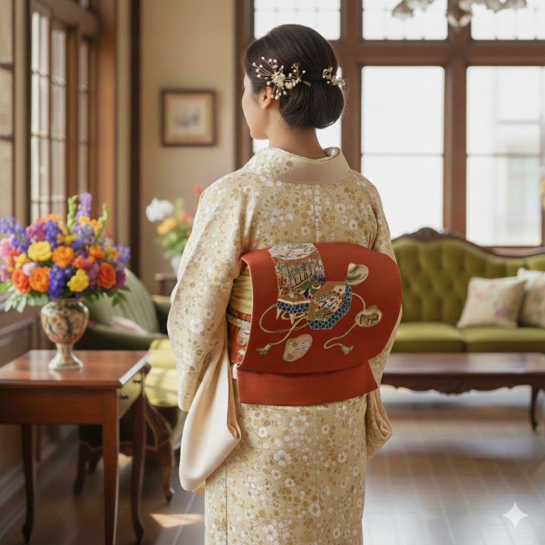 ✨ 美品【 名古屋帯 九寸帯 】 貝桶 平安貴族 塩瀬 太鼓柄 手描き 391