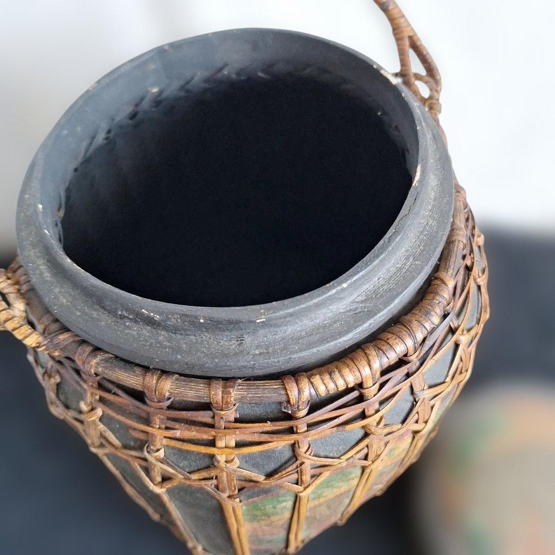 希少 タイ ラオス 伝統工芸品 もち米入れ 手描き 象 親子 ラタン編み 骨董