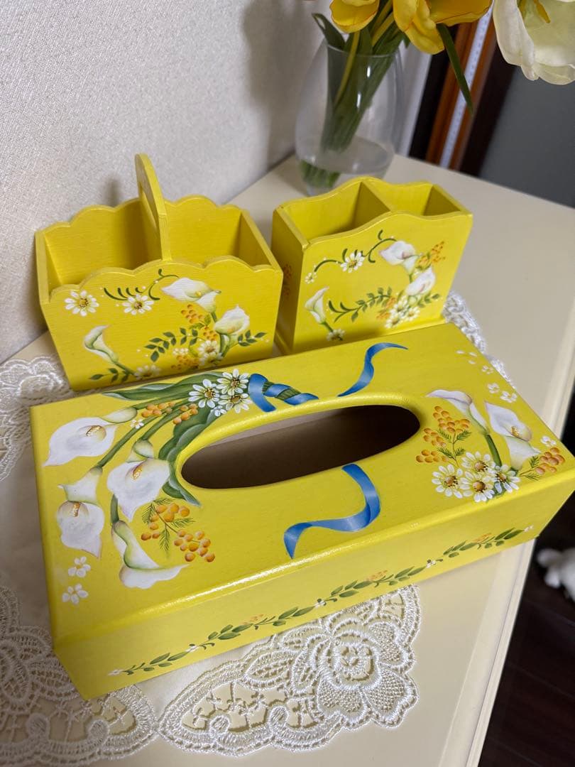 トールペイント作品　カラー柄　ティッシュボックス他　4点セット