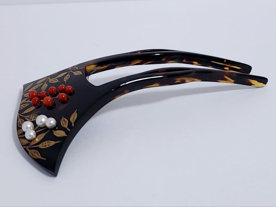 貴羅ら　鼈甲 蒔絵 かんざし 真珠　珊瑚　久生作　べっこう　木箱入り
