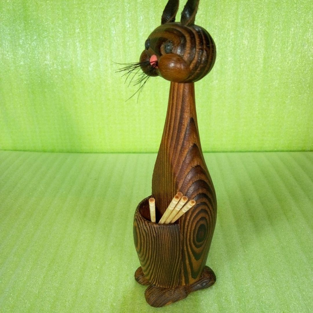 木製　猫型爪楊枝入れ　つまようじ立て　フィギュア　オブジェ　レア　希少