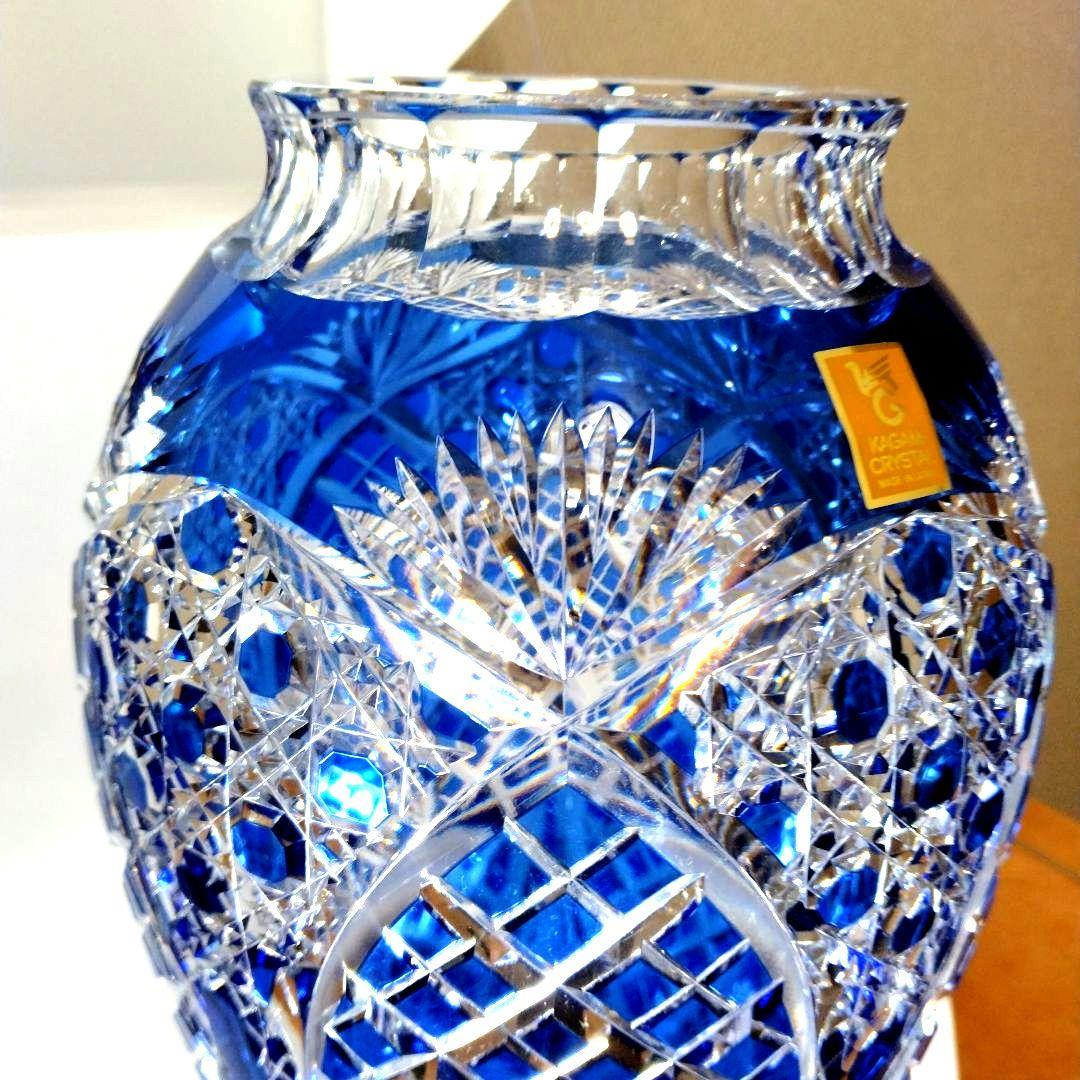 新品未使用カガミクリスタル江戸切子笹っ葉八角籠目文花瓶花器フラワーベース薩摩切子
