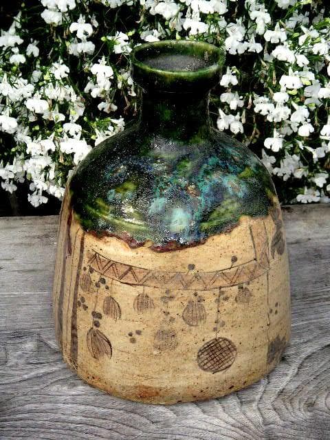 ♥時代　織部　大徳利　時代箱つき　花瓶　花器　古玩　中国　レトロ　アンティーク