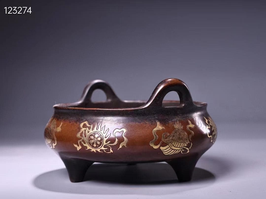 珍品旧蔵収純銅高レリーフ錾刻鎏金吉祥八宝香炉·老紅木箱付き・文房具·置物·稀少品