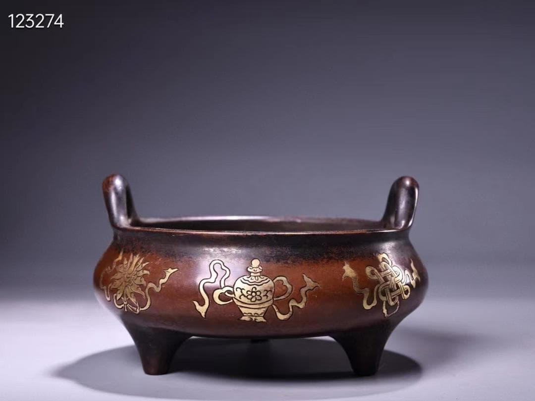 珍品旧蔵収純銅高レリーフ錾刻鎏金吉祥八宝香炉·老紅木箱付き・文房具·置物·稀少品