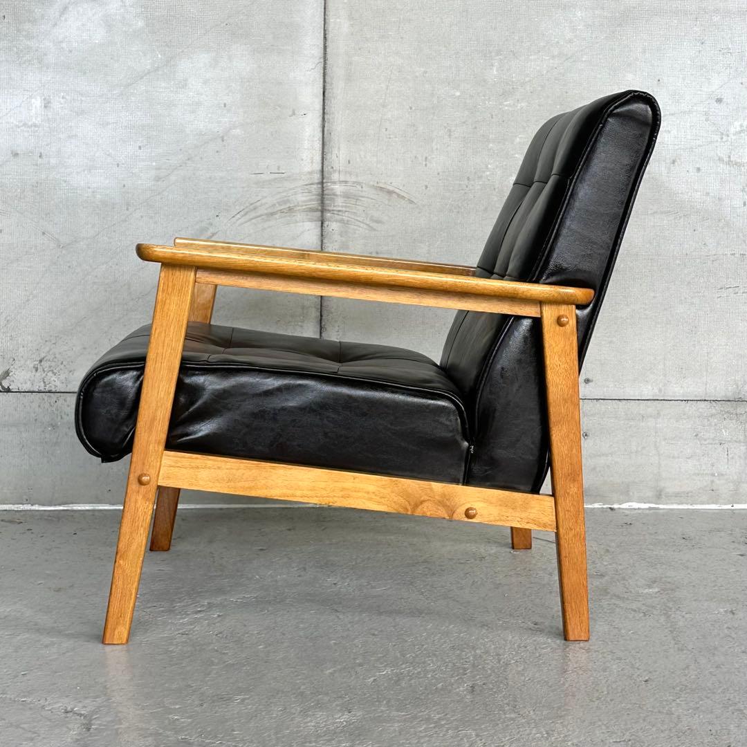 ✦昭和レトロ✦喫茶店風 木肘ソファ｜ブラックPUレザーチェア ヴィンテージ家具