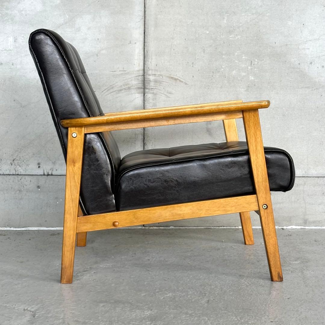 ✦昭和レトロ✦喫茶店風 木肘ソファ｜ブラックPUレザーチェア ヴィンテージ家具