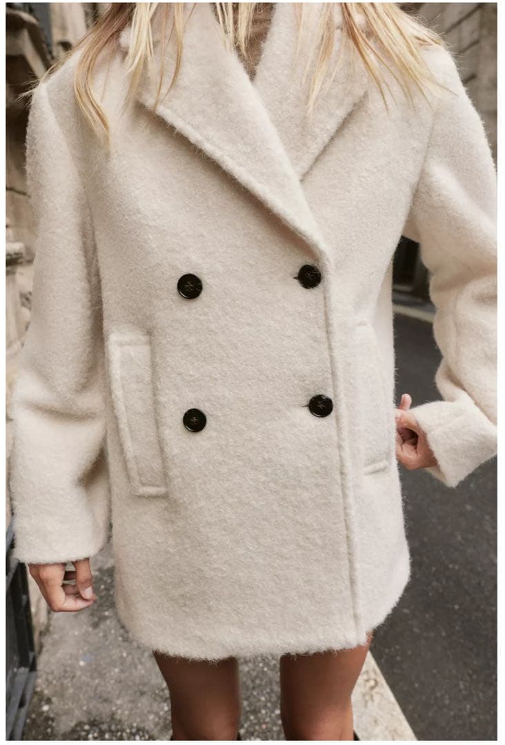 【ZARA】ブークレダブルブレストミディ丈コート Lサイズ