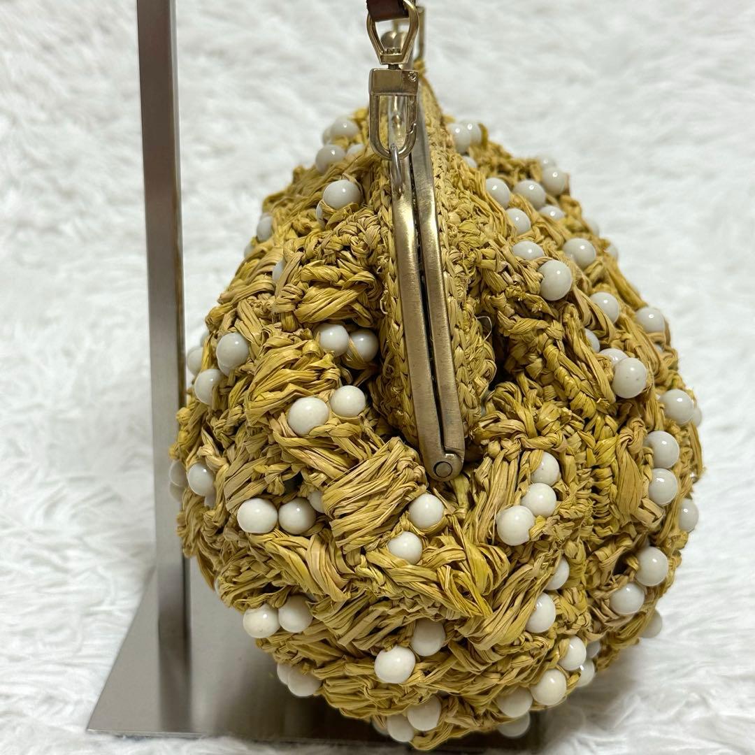 美品✨ジャマンピュエッシュ がま口 ビーズ ワンショルダーバッグ ラフィア カゴ