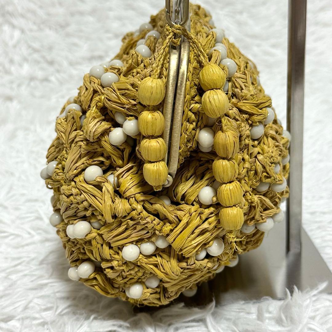 美品✨ジャマンピュエッシュ がま口 ビーズ ワンショルダーバッグ ラフィア カゴ